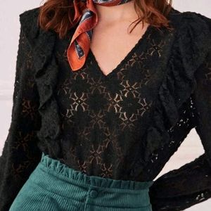Sheer lace crotchet top soft Black frills gothic goth long sleeve blouse Grunge